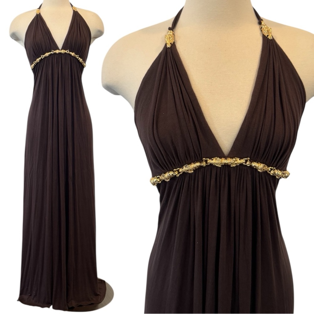 SKY Stretch Knit Chocolate Brown Gold Crocodile Hardware Slip Dress Maxi Gown M